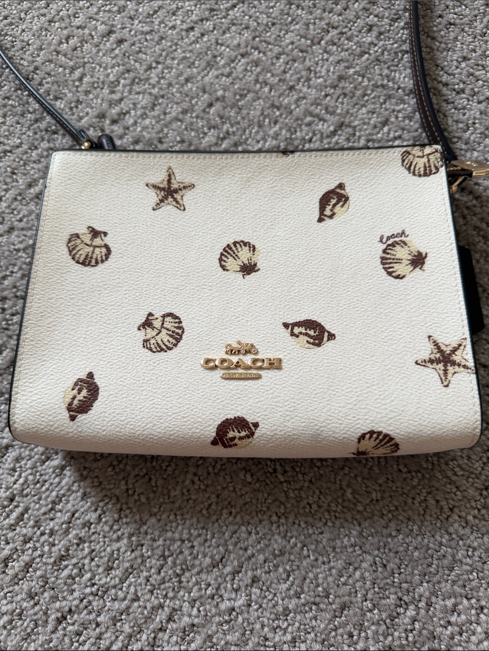 Coach Slim Crossbody Bag with Shell Print in the Chalk/Maple colorway.